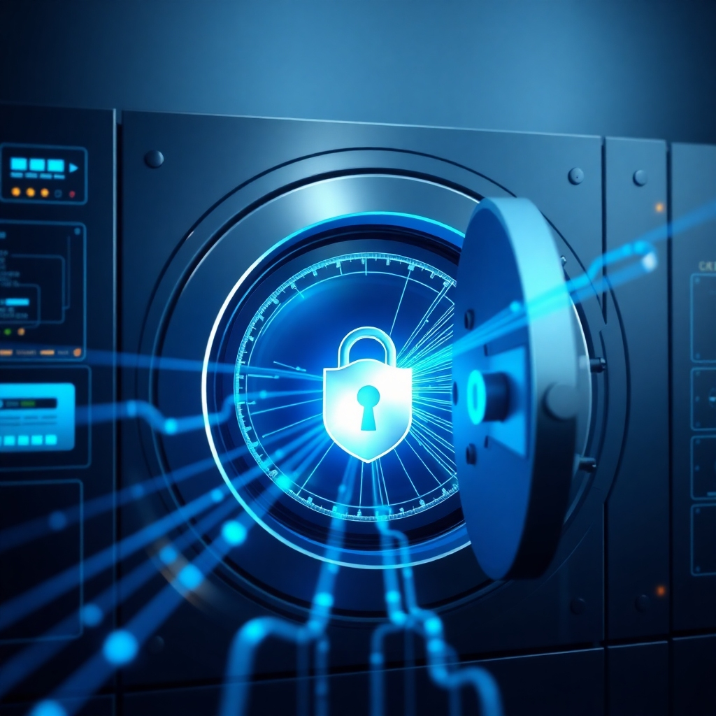 A photorealistic image depicting data flowing into a secure vault, symbolizing reliable and protected data backups. The vault is modern and high-tech, with glowing interfaces and layers of security. The data streams are visualized as beams of light, converging on the vault. The color palette is cool and professional, with blues and silvers dominating. Style: High tech, secure.