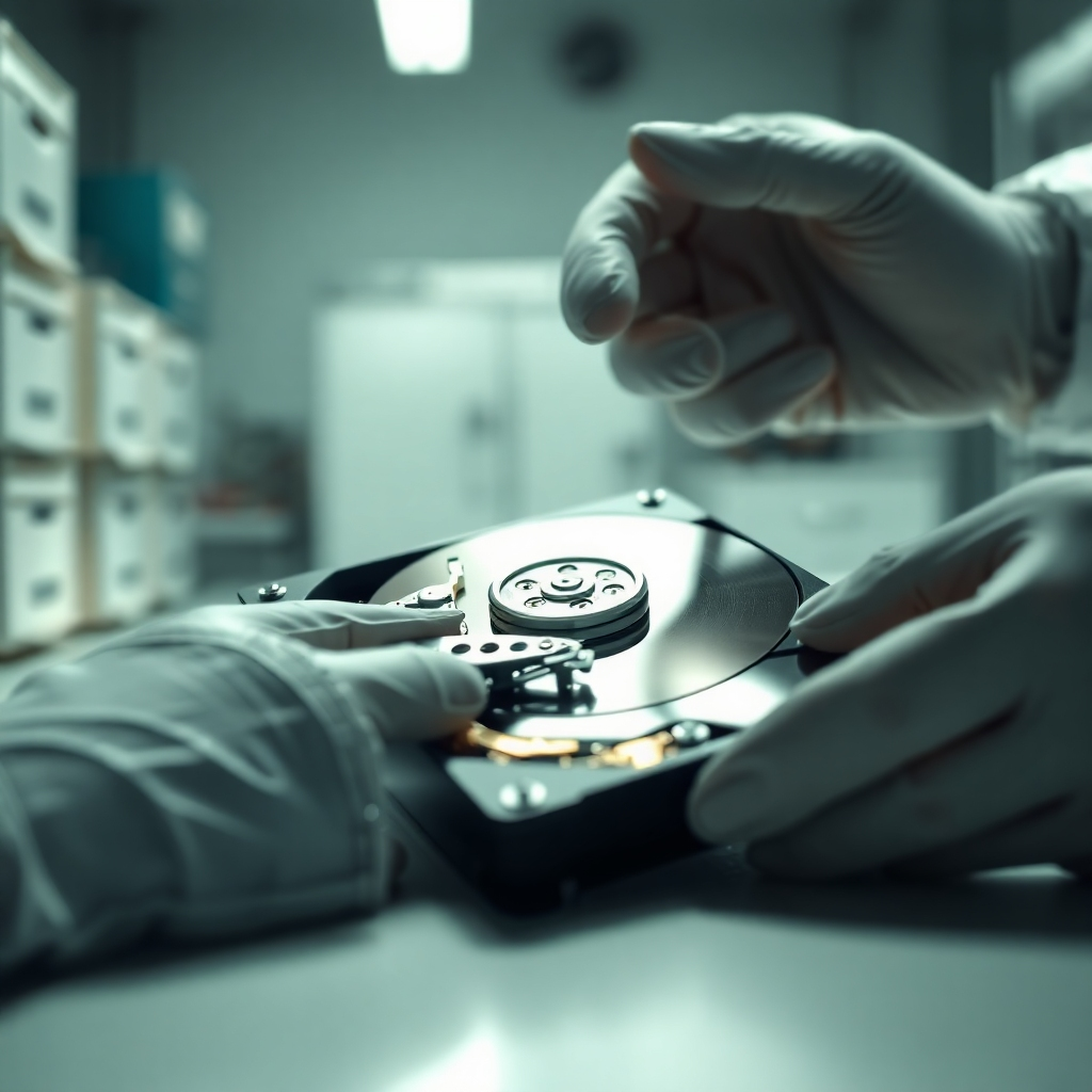 A photorealistic image depicting a hard drive being carefully examined by a technician wearing antistatic gloves. The hard drive is partially disassembled, revealing its internal components. The lighting is focused and precise, highlighting the delicate nature of the recovery process. The background is a clean and organized laboratory setting. The image should convey expertise, precision, and the possibility of recovering lost data. Use a shallow depth of field to emphasize the hard drive and the technician's hands. Technical specs: 4K resolution, hyperrealistic details.