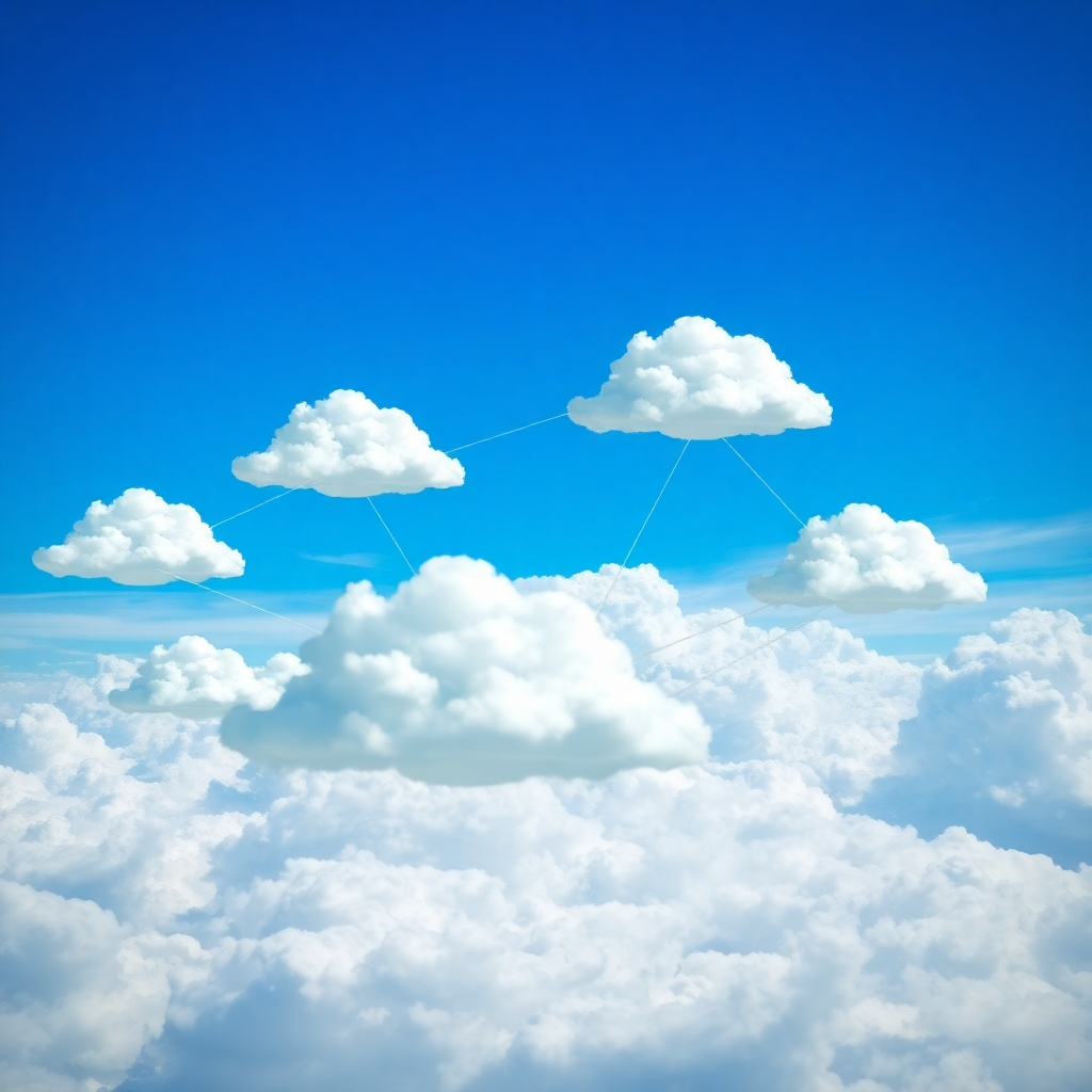 A photorealistic image depicting a network of interconnected clouds, each representing a data center. Data flows seamlessly between the clouds, symbolizing the accessibility and scalability of cloud-based solutions. The sky is bright and clear, conveying reliability and stability. The color palette is cool and professional, using a combination of blues, whites, and silvers. The image should convey the vastness and interconnectedness of the cloud. Technical specs: 4K resolution, realistic lighting.