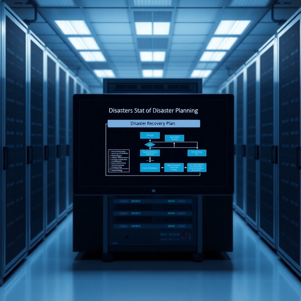 A photorealistic image depicting a server room with a disaster recovery plan displayed on a screen. The screen shows a flowchart outlining the steps for data recovery. The server room is clean and well-organized. The color palette is muted, with blues and grays dominating the scene. The camera angle is a medium shot, capturing the server room and the disaster recovery plan on the screen. This image emphasizes the importance of proactive disaster recovery planning.