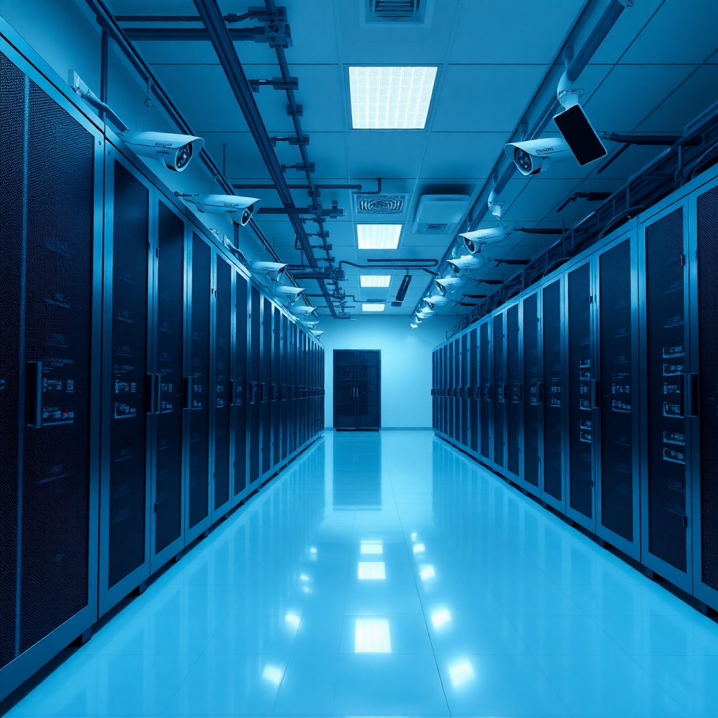 A photorealistic image depicting a secure server room with rows of servers. The room is clean, well-organized, and brightly lit. Security cameras monitor the room, conveying a sense of vigilance. The color palette is cool and professional, using a combination of blues, grays, and silvers. The image should convey control and security. Technical specs: 4K resolution, high quality.