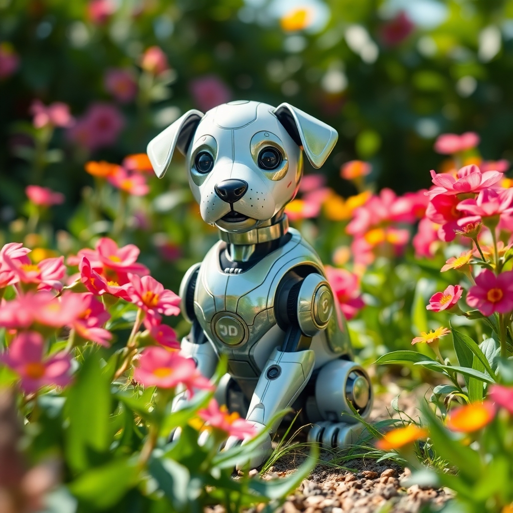 A photorealistic image depicting a robotic puppy sitting in a lush, green garden, surrounded by blooming flowers. The lighting is natural and vibrant, showcasing the connection between technology and nature. The color palette is bright and earthy, emphasizing sustainability. The camera angle is slightly low, capturing the puppy's perspective. Texture details should highlight the contrast between the metallic surfaces of the robot and the organic textures of the plants. Style references: Environmental photography, sustainable living. Technical specs: 4K resolution, high dynamic range.