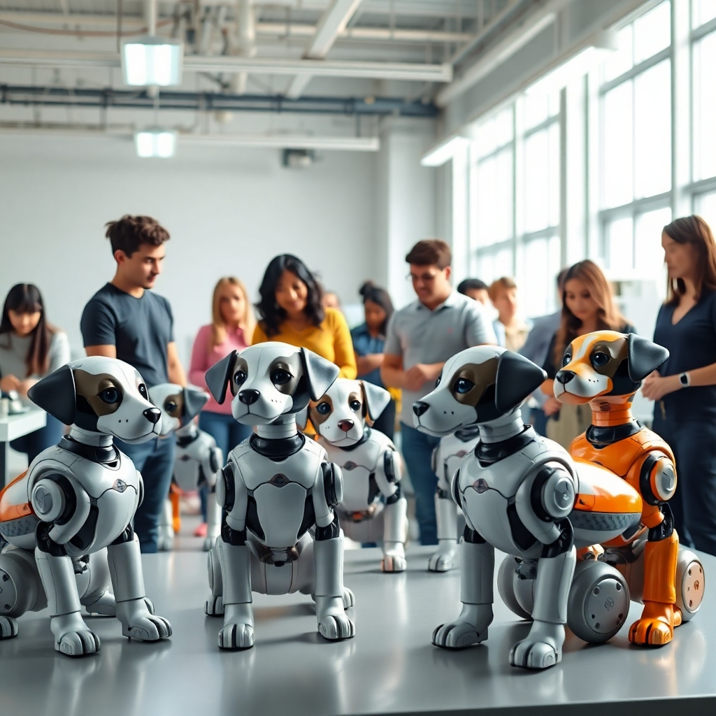 A photorealistic image depicting a diverse group of people interacting with various models of robotic puppies. The scene is set in a bright and airy workshop, with robotic puppies in different stages of assembly and testing. The lighting is natural and diffused, creating a sense of innovation and care. The color palette is clean and modern, with pops of color from the robotic puppies themselves. The camera angle is slightly elevated, providing an overview of the workshop. Texture details should highlight the smooth, metallic surfaces of the robots and the soft, comforting elements of a pet. Style references: Modern tech startup, friendly and approachable. Technical specs: 4K resolution, high quality rendering.