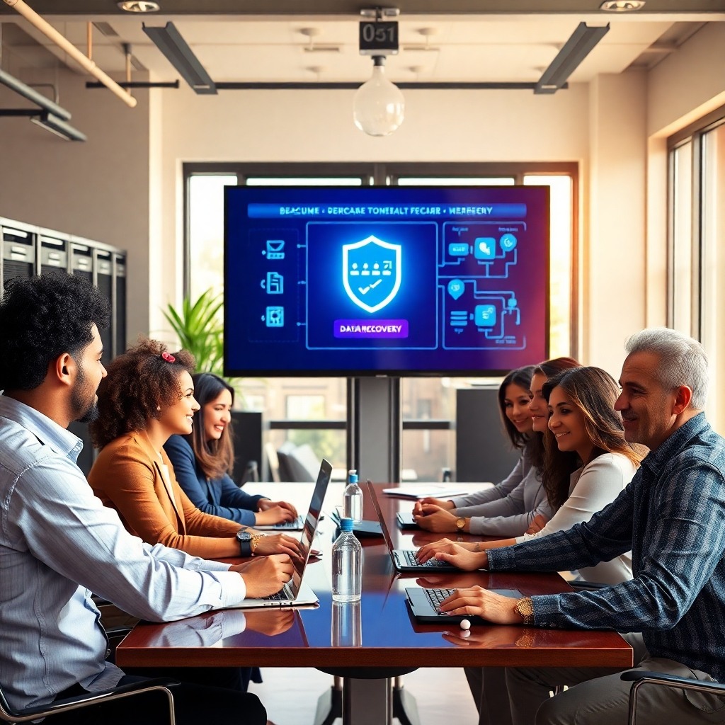 A photorealistic image depicting a diverse team of IT professionals working collaboratively in a modern office environment. The focal point is a large screen displaying a data recovery process in progress. The atmosphere is collaborative and supportive. Natural light floods the office, creating a sense of transparency and trust. Include subtle visual cues such as backup drives, network diagrams, and secure server racks in the background to reinforce the theme of data backup and recovery. The image should convey competence, teamwork, and reliability. The color palette is warm and inviting, using a combination of natural tones and pops of professional colors. The composition is dynamic, capturing the energy of the team. Technical specs: 4K resolution, high quality, realistic lighting.