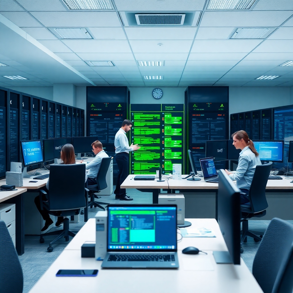 A photorealistic image depicting a well-organized office responding to a simulated disaster. Employees are calmly executing their disaster recovery plan, accessing backup systems and restoring data. The scene is organized and efficient, conveying a sense of preparedness. The color palette is calm and reassuring, using a combination of blues, greens, and whites. Technical specs: 4K resolution, high quality.