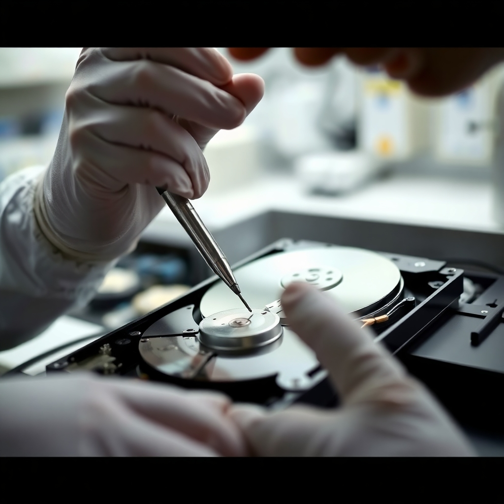 A photorealistic image depicting a technician carefully recovering data from a damaged hard drive. The technician is wearing antistatic gloves and using specialized tools. The hard drive is partially disassembled, revealing its internal components. The lighting is focused and precise, highlighting the delicate nature of the recovery process. The background is a clean and organized laboratory setting. Style: Precision, expertise.