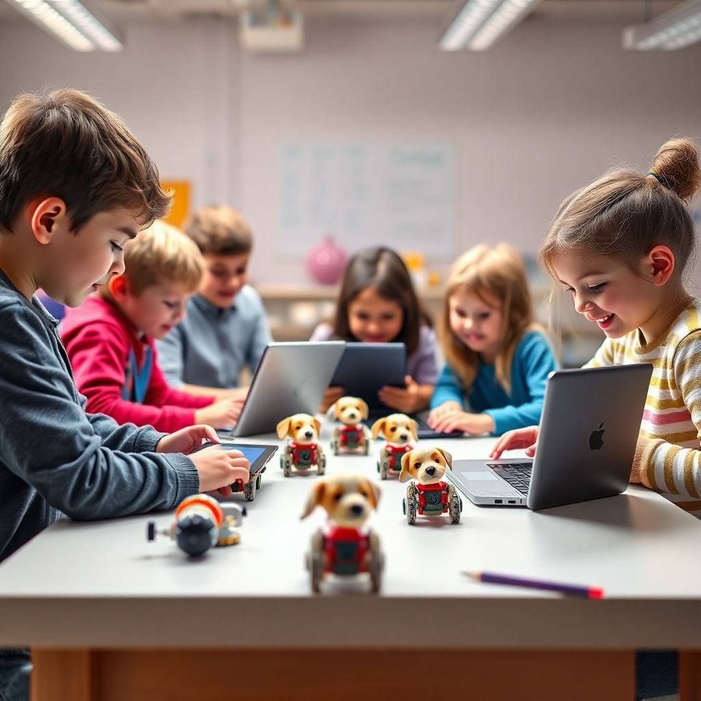 A photorealistic image depicting a group of children gathered around a table, programming robotic puppies using laptops and tablets. The lighting is bright and cheerful, creating a sense of excitement and discovery. The color palette is vibrant and playful. The camera angle is slightly elevated, providing an overview of the learning environment. Style references: Educational photography, STEM learning. Technical specs: 4K resolution, high dynamic range.
