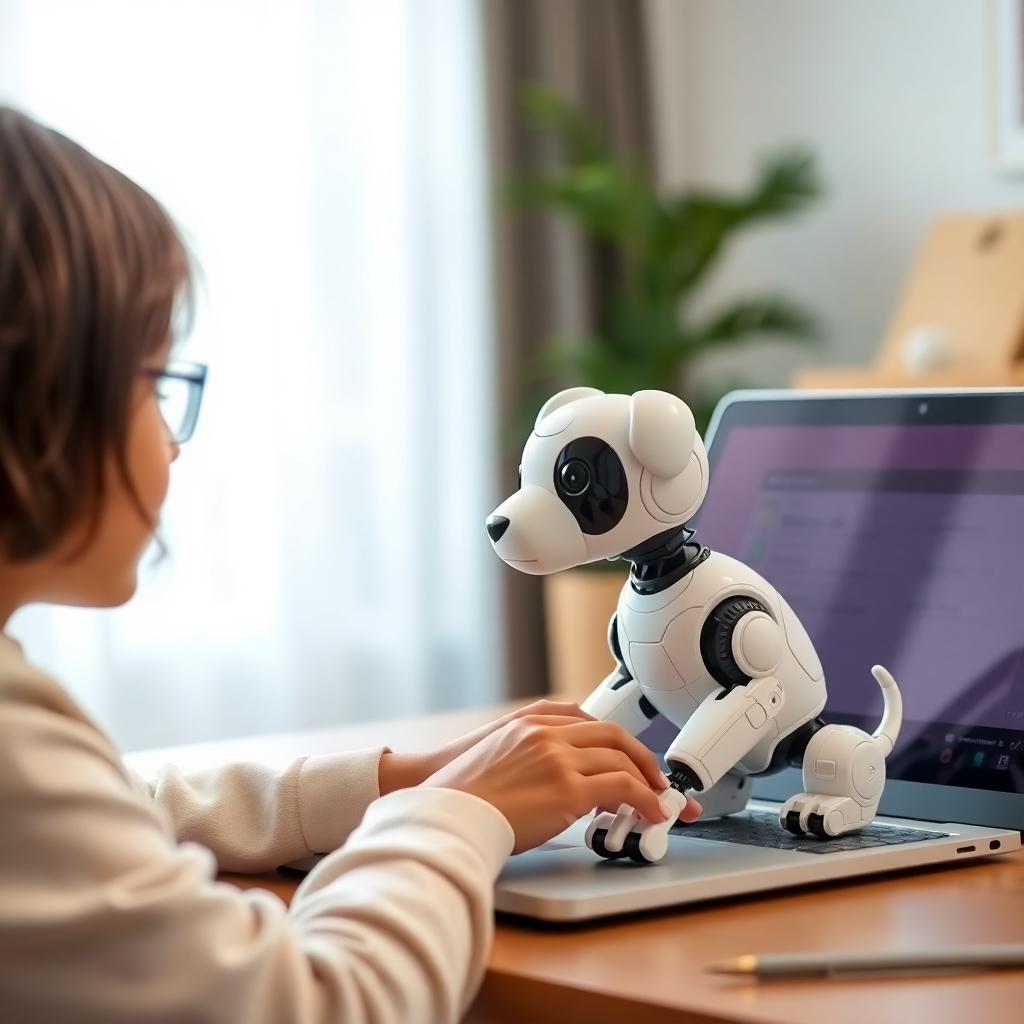 A photorealistic image of a person using a laptop to program a robotic puppy. The scene conveys learning and communication. Style references: Educational photography, high-tech lifestyle. Technical specs: 4K resolution, soft lighting.