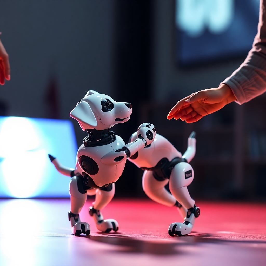A photorealistic image of a person interacting with a robotic puppy that is performing a complex trick. The lighting is dynamic and engaging, showcasing the puppy's agility and responsiveness. The color palette is bright and energetic. The scene implies successful training. Style references: Performance photography, robotic interaction. Technical specs: 4K resolution, high dynamic range.