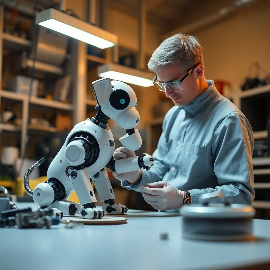 A photorealistic image of a technician carefully repairing a robotic puppy in a high-tech workshop. The lighting is bright and focused, highlighting the technical details. The color palette is clean and professional. Style references: Technical photography, modern workspace. Technical specs: 4K resolution, detailed focus.