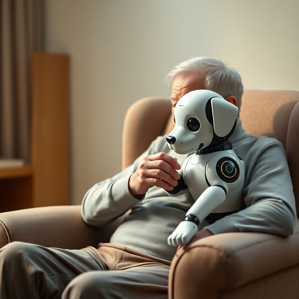 A photorealistic image of an elderly person sitting in a comfortable armchair, gently petting a robotic puppy. The lighting is soft and warm, creating a sense of calm and relaxation. The color palette is muted and soothing. The camera angle is slightly angled, capturing the connection between the person and the robot. Texture details should emphasize the softness of the armchair and the smooth, comforting feel of the robotic puppy. Style references: Humanistic photography, emotional support. Technical specs: 4K resolution, shallow depth of field.