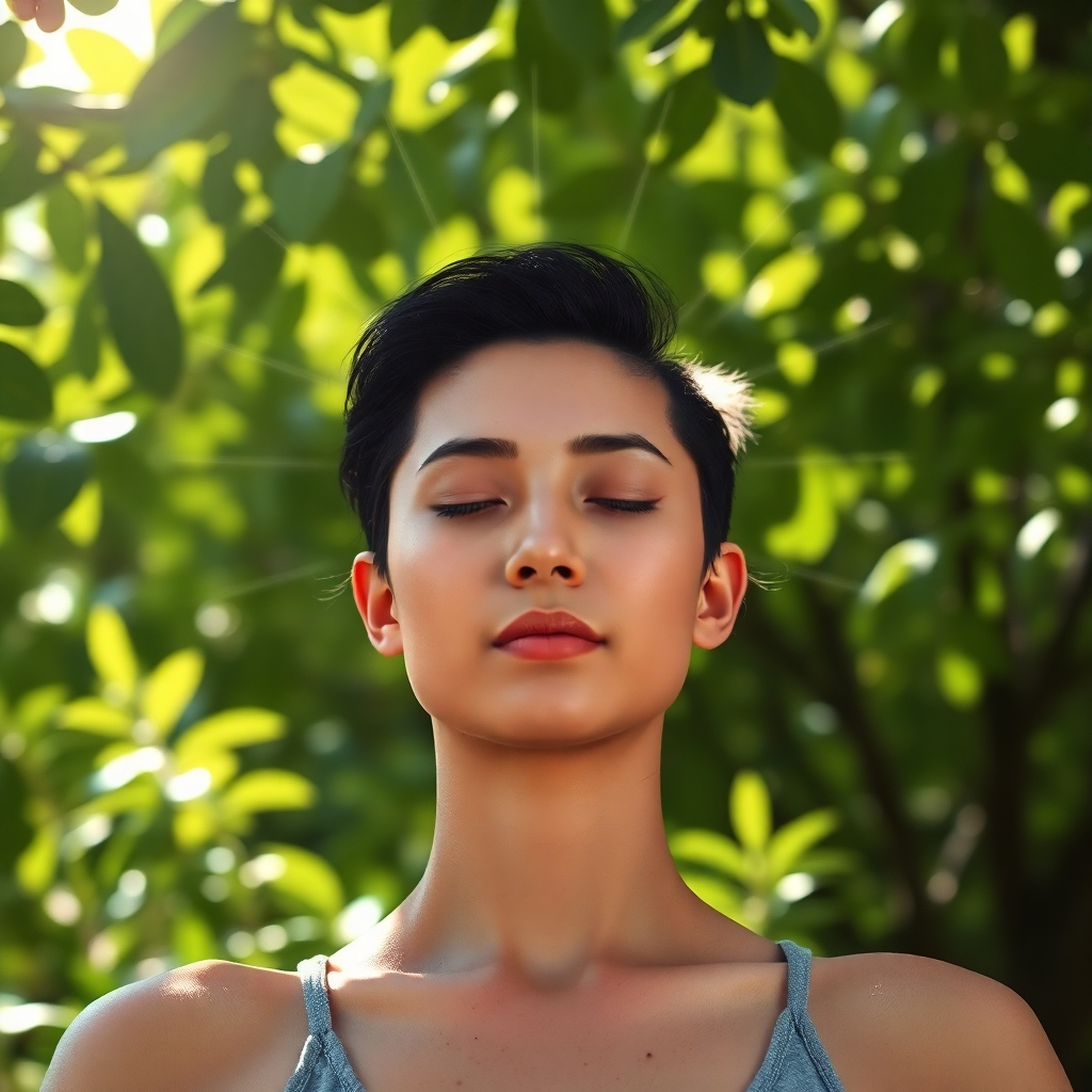 A photorealistic image showcasing a serene individual meditating outdoors, surrounded by lush greenery. Sunlight gently filters through the leaves, creating a calming and peaceful atmosphere. Focus on the individual's relaxed posture and serene facial expression. Subtle, glowing energy lines radiate from their head, symbolizing enhanced mental clarity. Include natural elements like flowing water or gentle breezes to further emphasize the connection to nature. Camera angle: medium shot, focusing on the individual's face and upper body.