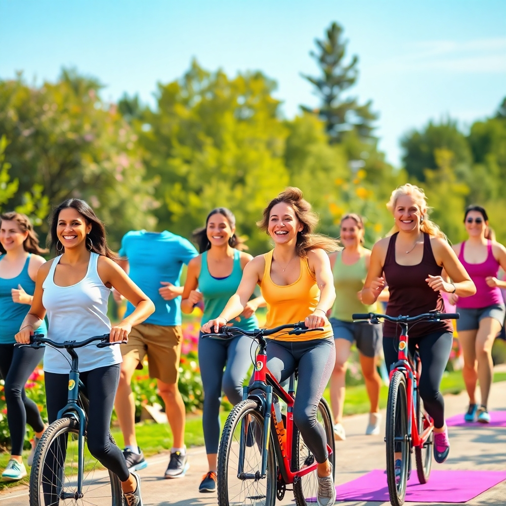 A photorealistic image showing a diverse group of people happily engaging in various physical activities such as jogging, cycling, and yoga in a park. The scene is bathed in warm sunlight, creating a sense of energy and vitality. Emphasize the smiles and positive attitudes of the individuals. The background should be a beautiful and inviting park setting with lush greenery and colorful flowers. Camera angle: wide shot, capturing the entire scene and the diverse group of people.