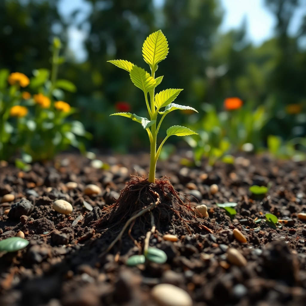 A photorealistic image showing a plant growing from a seed, with its roots nourished by nutrient-rich soil and sunlight. The plant is vibrant and healthy, symbolizing the power of nutrition to fuel growth and development. The background should be a lush and fertile garden, representing the abundance of nature. Camera angle: low angle, emphasizing the growth and strength of the plant.