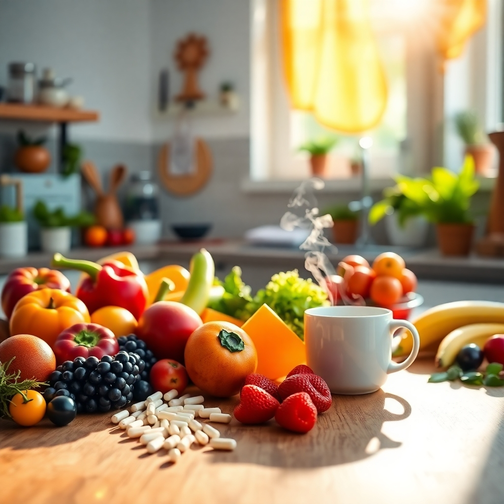 A photorealistic, ultra-high quality 8K image showcasing the essence of 'Nutrition'. The scene is a vibrant, sunlit kitchen with an emphasis on fresh, whole foods. Colorful fruits and vegetables are artfully arranged on a wooden countertop, alongside supplements and a steaming cup of healthy coffee. In the background, a person practices yoga, symbolizing overall well-being. The lighting is soft and natural, creating a warm and inviting atmosphere. Focus on textures like the smooth skin of fruits, the rough grain of the wood, and the delicate steam rising from the coffee. Capture the energy of vitality and the promise of a healthier lifestyle. Camera angle: slightly elevated, capturing the entire scene in a wide shot. Style: Hyperrealistic, with a focus on detail and color accuracy.