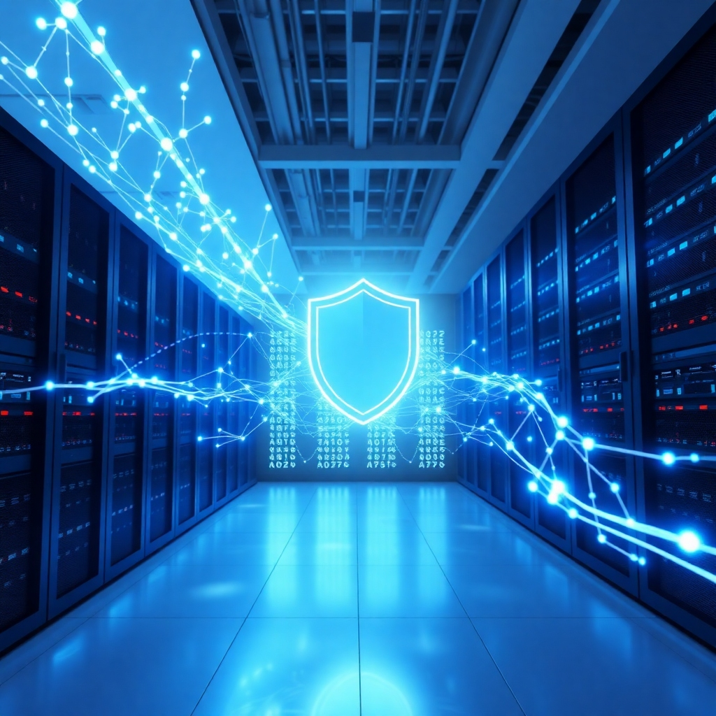 A stunning, photorealistic 8K image depicting the concept of data backup and recovery. Visualize a glowing, ethereal network of interconnected nodes representing data flowing into a secure, fortress-like server room. The server room is clean, modern, and brightly lit with cool, blue-toned lighting. Data streams are visualized as beams of light, converging on the servers. A subtle, stylized representation of a shield overlays the entire scene, symbolizing data protection. The camera angle is a wide shot, emphasizing the scale and security of the operation. The overall color palette is cool and professional, with blues, silvers, and whites dominating. Add texture to the servers to give a realistic, high-tech feel. The style is hyperrealistic, pushing the boundaries of digital rendering to create a truly believable scene. This image should convey trust, security, and technological advancement.