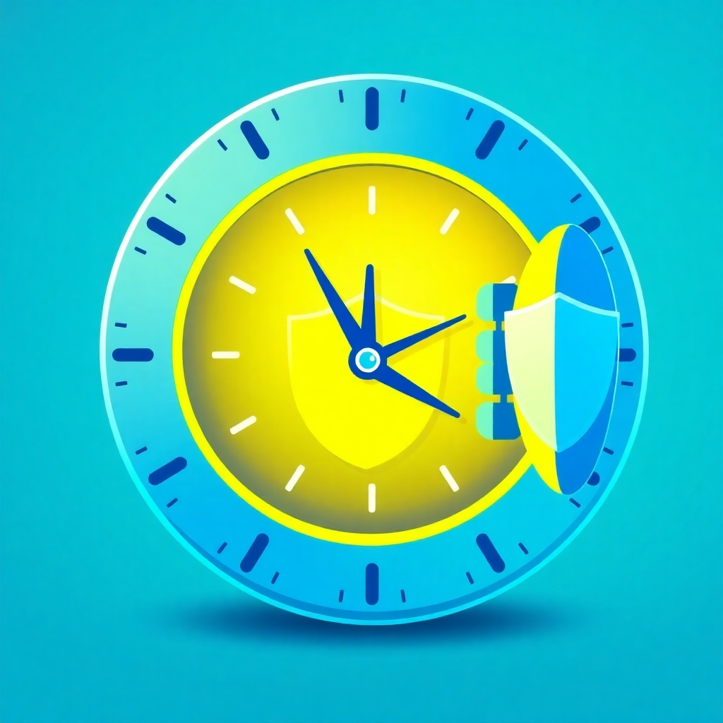 A stylized, animated image representing a clock with data flowing seamlessly into a secure vault. The clock hands move continuously, symbolizing the automated nature of the backup process. The vault is brightly lit and surrounded by protective shields. The color palette is bright and cheerful, using a combination of blues, greens, and yellows. Use a clean, modern design style to convey efficiency and reliability. Technical specs: 4K resolution, smooth animations.