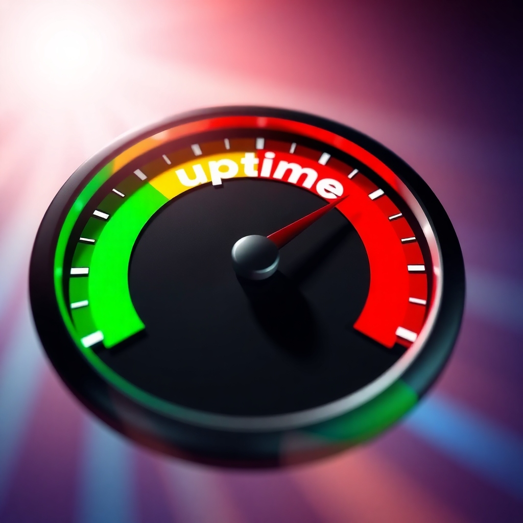 A stylized image depicting a speedometer showing 'uptime' in green and 'downtime' in red. The needle is pointing towards the 'uptime' section. The background is a bright, positive space. The color palette is vibrant, with green representing uptime and red representing downtime. The camera angle is a close-up, focusing on the speedometer. This image symbolizes the importance of minimizing downtime through effective data backup and recovery.