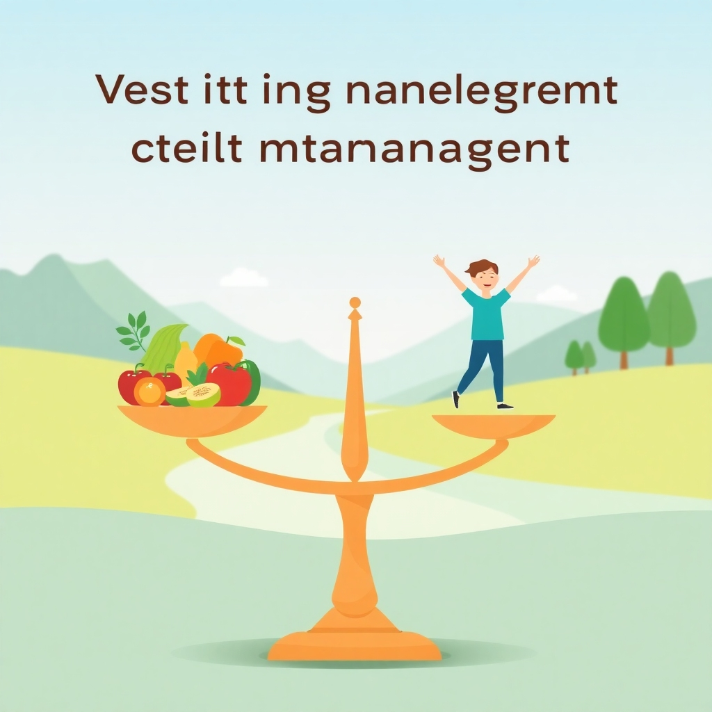 A stylized image depicting a scale balanced with healthy foods on one side and a happy, active person on the other. The background should be a serene and natural landscape, symbolizing overall well-being. The overall style should be calming and inviting, conveying the importance of balance and harmony in achieving weight management goals. Use soft, natural colors and simple shapes to create a visually appealing image. Camera angle: straight on, focusing on the balanced scale and the happy person.