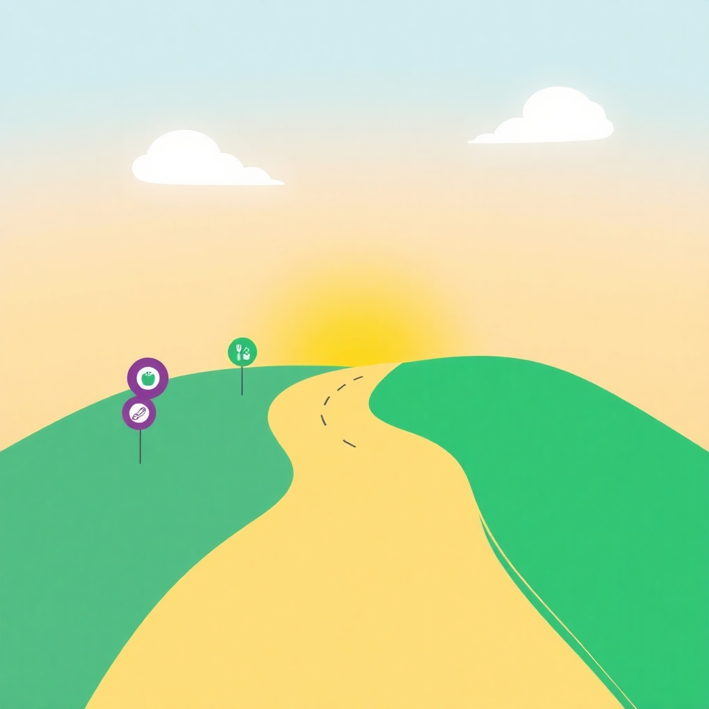 A stylized image depicting a winding path leading towards a bright and sunny horizon. Along the path, there are various milestones representing different aspects of wellness, such as nutrition, exercise, and mental health. The overall style should be optimistic and encouraging, conveying the idea that the journey towards wellness is possible and rewarding. Use bright, cheerful colors and simple shapes to create a visually appealing image. Camera angle: perspective shot, emphasizing the length of the path and the bright horizon.