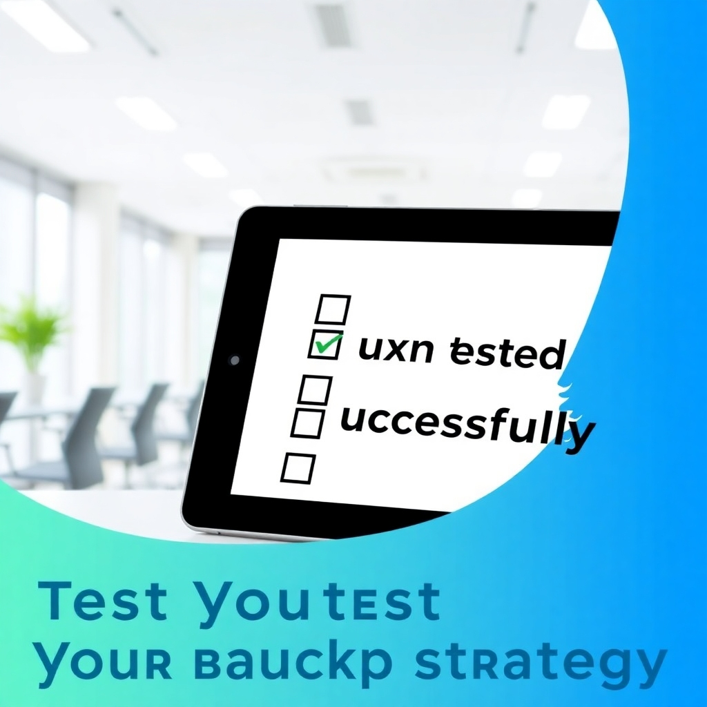 A stylized image of a checklist with a checkmark beside 'Backup Tested Successfully'. The checklist is displayed on a digital tablet. The background is a bright, modern office environment. The color palette is clean and professional, with shades of blue and green. The camera angle is a close-up, focusing on the checklist and the checkmark. This image highlights the importance of regularly testing your backup strategy.