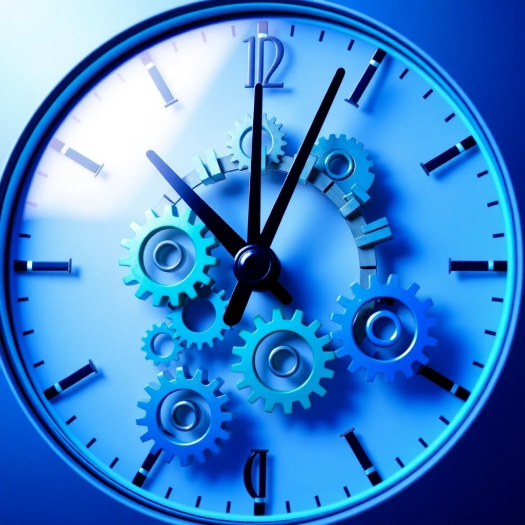  A stylized image of a clock with gears representing the continuous process of data backup. The clock face is divided into segments, each representing a backup cycle. The gears are interconnected and moving smoothly. The color palette consists of blues and greens to convey reliability and stability. Soft, ambient lighting highlights the movement of the gears. A medium shot captures the entire clock and its intricate details. This image symbolizes the importance of regular and automated data backups.