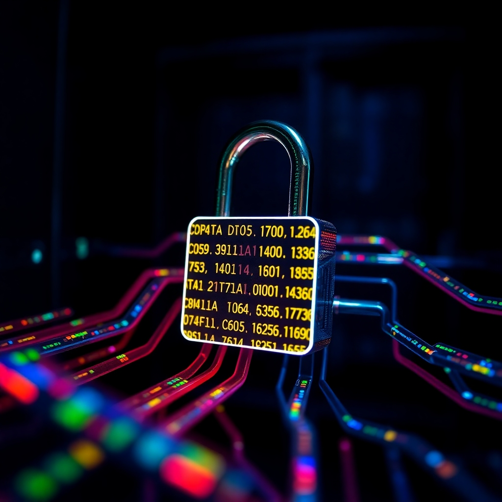 A stylized image of a digital lock protecting data packets. The lock is made of glowing code and surrounded by data streams represented by vibrant colors. The background is a dark, secure space. The camera angle is a close-up, focusing on the lock and the data packets. This image symbolizes the importance of securing sensitive data during backup and recovery.