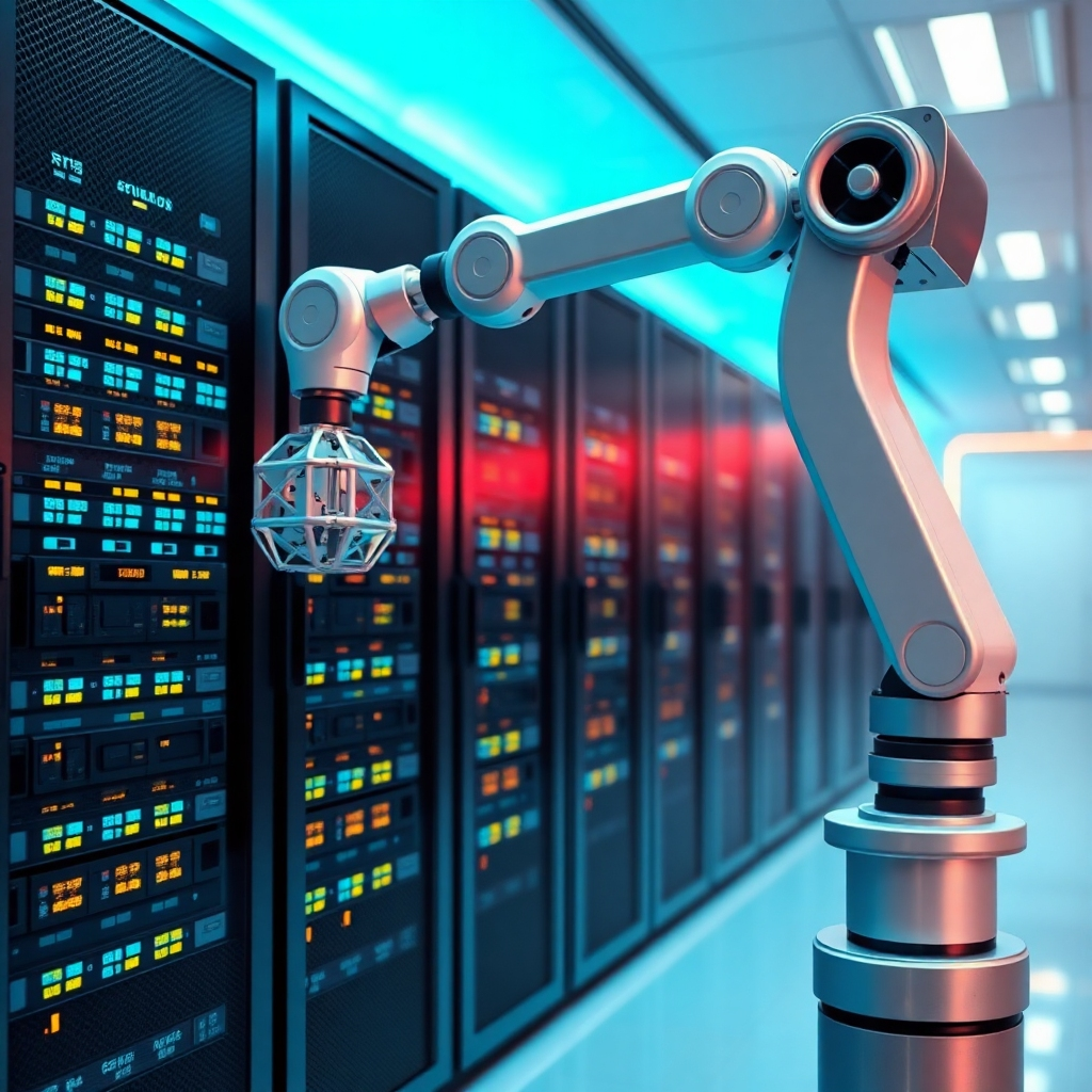 A stylized image of a robotic arm backing up data to a server. The robotic arm is precise and efficient. The server is glowing with data streams. The background is a clean, modern data center. The color palette is futuristic, with blues and silvers dominating the scene. The camera angle is a medium shot, capturing the robotic arm and the server. This image symbolizes the automation of data backup systems.
