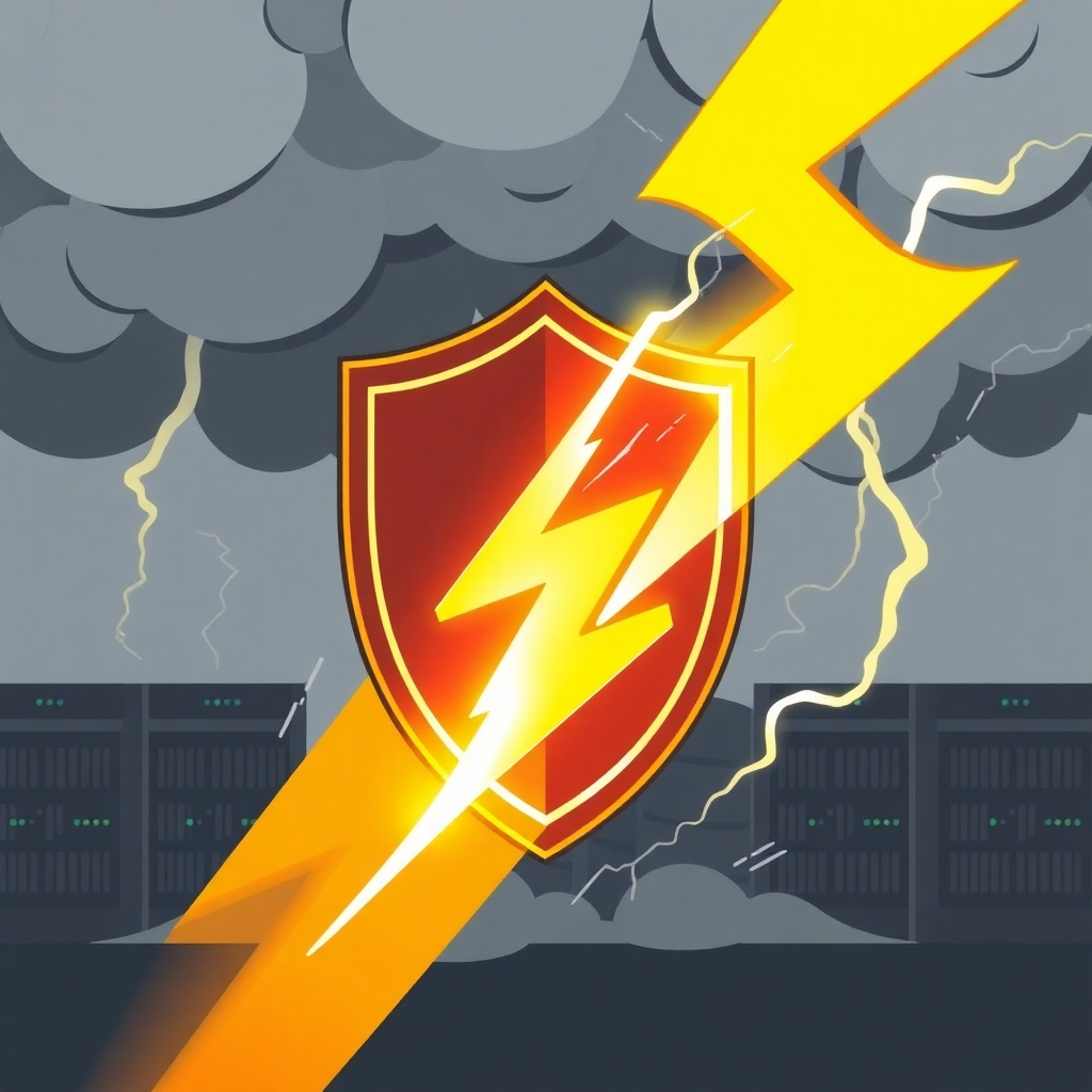 A stylized image of a shield protecting servers from a storm. The shield is made of energy, deflecting lightning bolts. The storm represents unforeseen disasters, and the shield symbolizes protection.