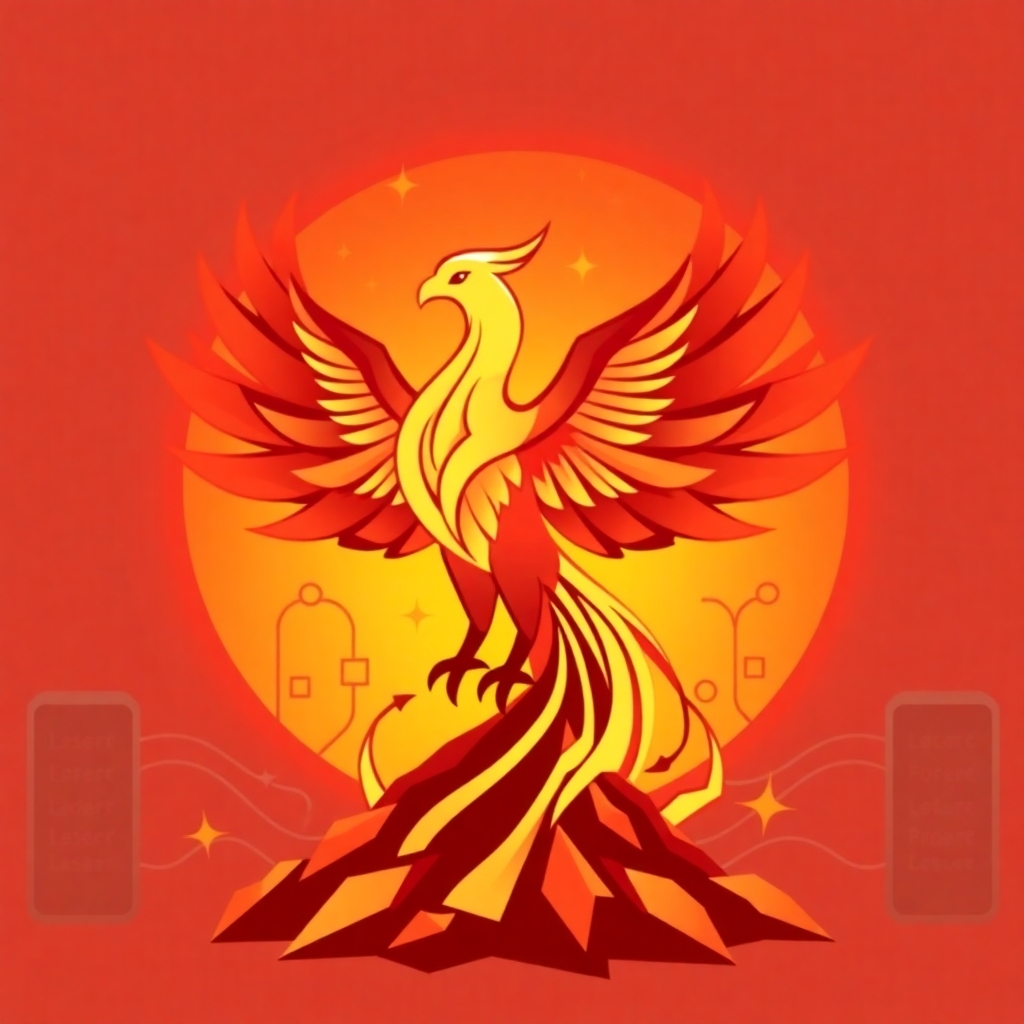 A stylized image representing a phoenix rising from the ashes, symbolizing resilience and recovery. The phoenix is made of data streams, representing the restoration of business operations after a disaster. The background includes subtle representations of server racks and network diagrams. The color palette is warm and vibrant, using a combination of reds, oranges, and yellows. Style: Symbolic, powerful.