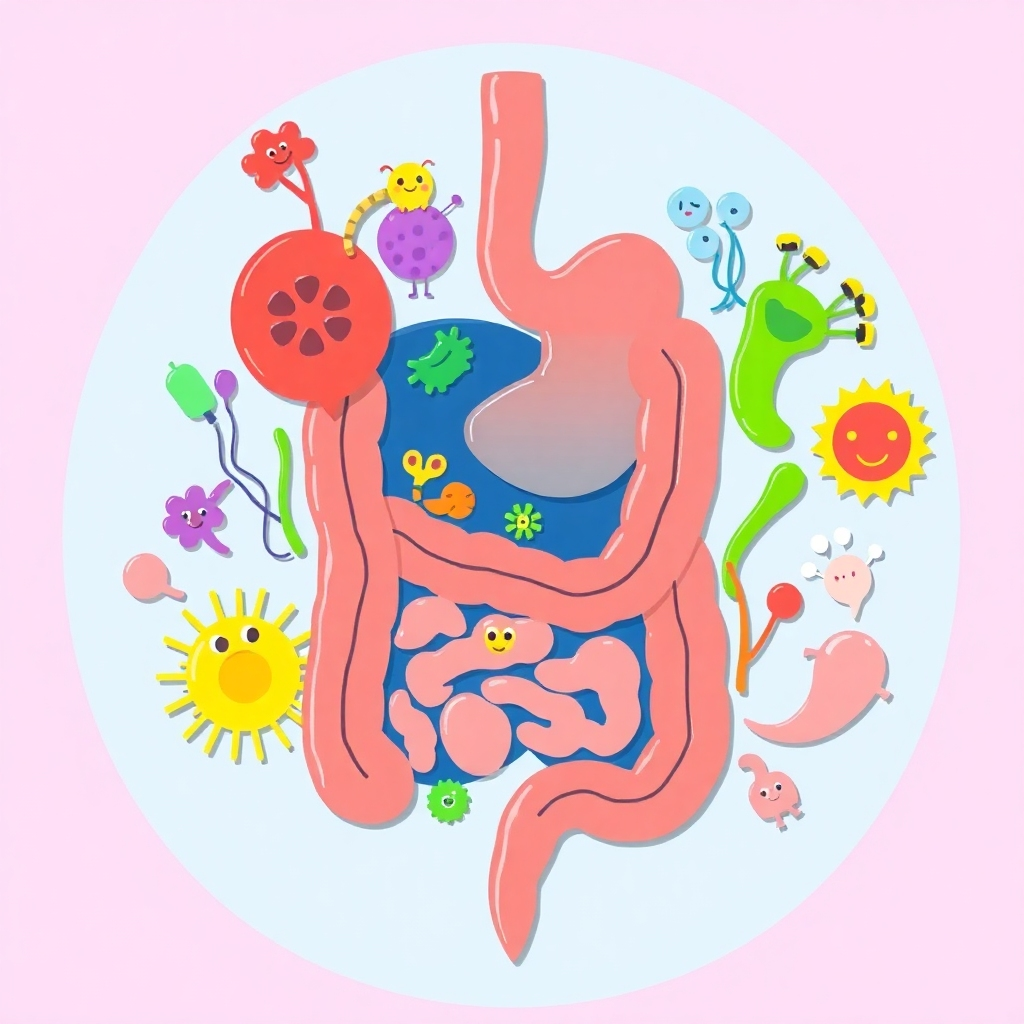 A stylized image representing a healthy digestive system. The image should feature a vibrant and colorful depiction of the gut microbiome, with diverse strains of beneficial bacteria represented as playful characters. The overall style should be friendly and inviting, conveying the importance of gut health in a fun and engaging way. Use bright, cheerful colors and simple shapes to create a visually appealing image. Camera angle: overhead shot, showcasing the entire digestive system in a clear and concise manner.