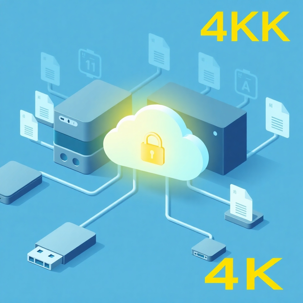 A stylized image representing various storage devices (hard drives, cloud storage icons, USB drives) connected by a network. The central focus should be on a secure cloud icon, brightly lit to symbolize data protection. The background includes subtle representations of different file types. The color scheme is a combination of cool blues and greens, conveying security and reliability. Use a flat design style with clean lines and modern aesthetics. This 4K image should be visually informative and aesthetically pleasing.