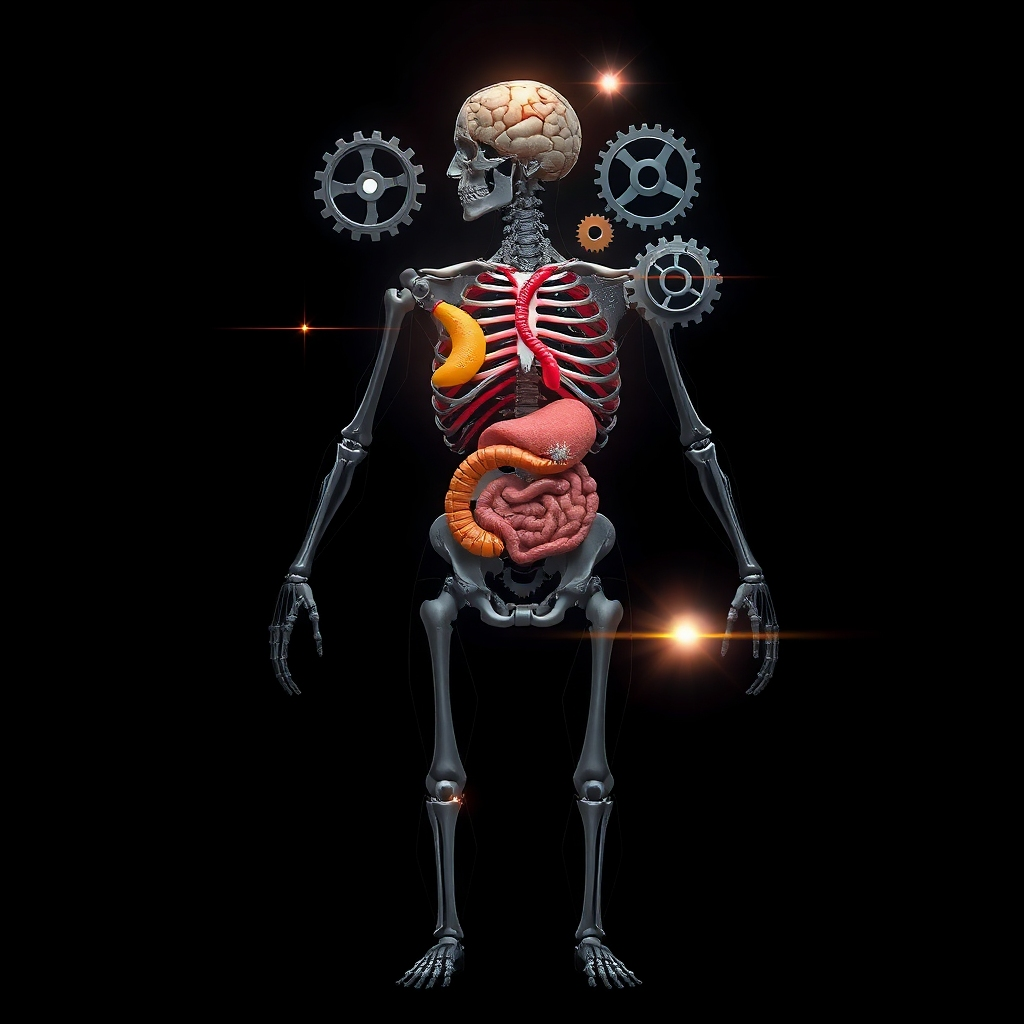 A stylized image showing a human body composed of interconnected gears and mechanisms, representing the complexity of the body's systems. Highlight key areas such as the brain, gut, bones, and muscles with different colors and textures. The overall style should be modern and technological, conveying the idea of precision and optimization. Subtle light flares emanate from the key areas, adding a touch of sophistication and intrigue. Camera angle: straight on, focusing on the entire body and its interconnected systems.