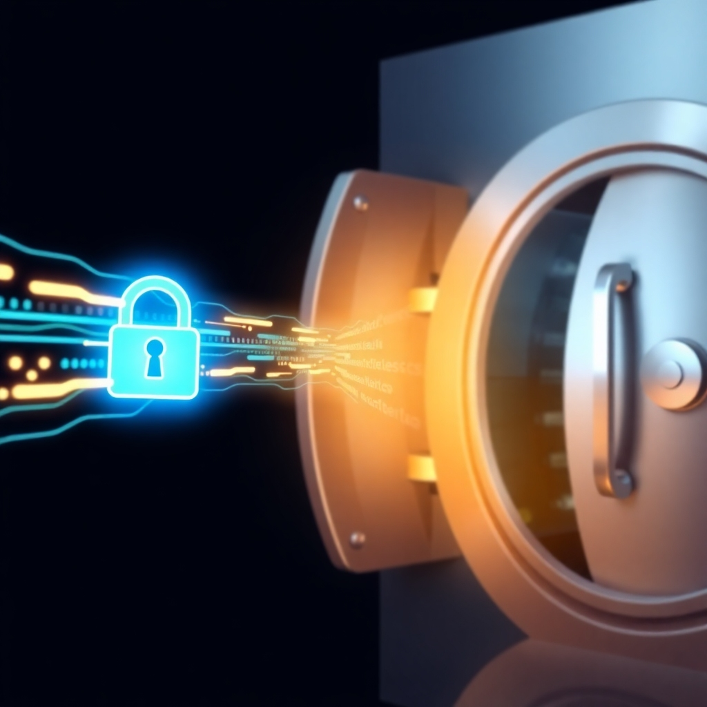 A stylized image showing data being securely copied to a vault. Glowing data streams represent the transfer. The vault is modern and secure-looking, emphasizing safety and reliability.