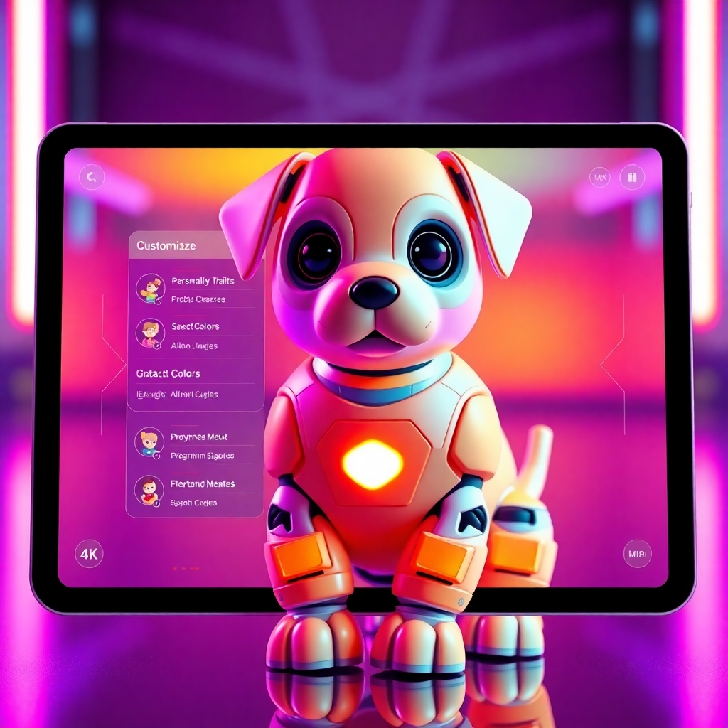 A stylized, vibrant image showcasing a user interface on a tablet, displaying customization options for a robotic puppy. The screen shows options for adjusting personality traits, selecting colors, and programming behaviors. The color palette is bright and futuristic, with neon accents. The camera angle is directly facing the tablet screen, highlighting the customization process. Style references: UI/UX design, modern tech aesthetics. Technical specs: 4K resolution, vibrant colors.