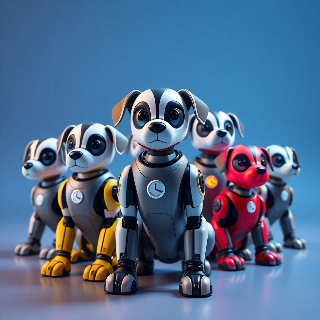 A stylized, visually appealing display of several different robotic puppy models, each showcasing unique features and designs. The lighting is bright and professional, highlighting the sleek designs. The color palette is modern and vibrant. The camera angle is slightly elevated, showcasing the full range of models. Style references: Product photography, tech aesthetics. Technical specs: 4K resolution, vibrant colors.
