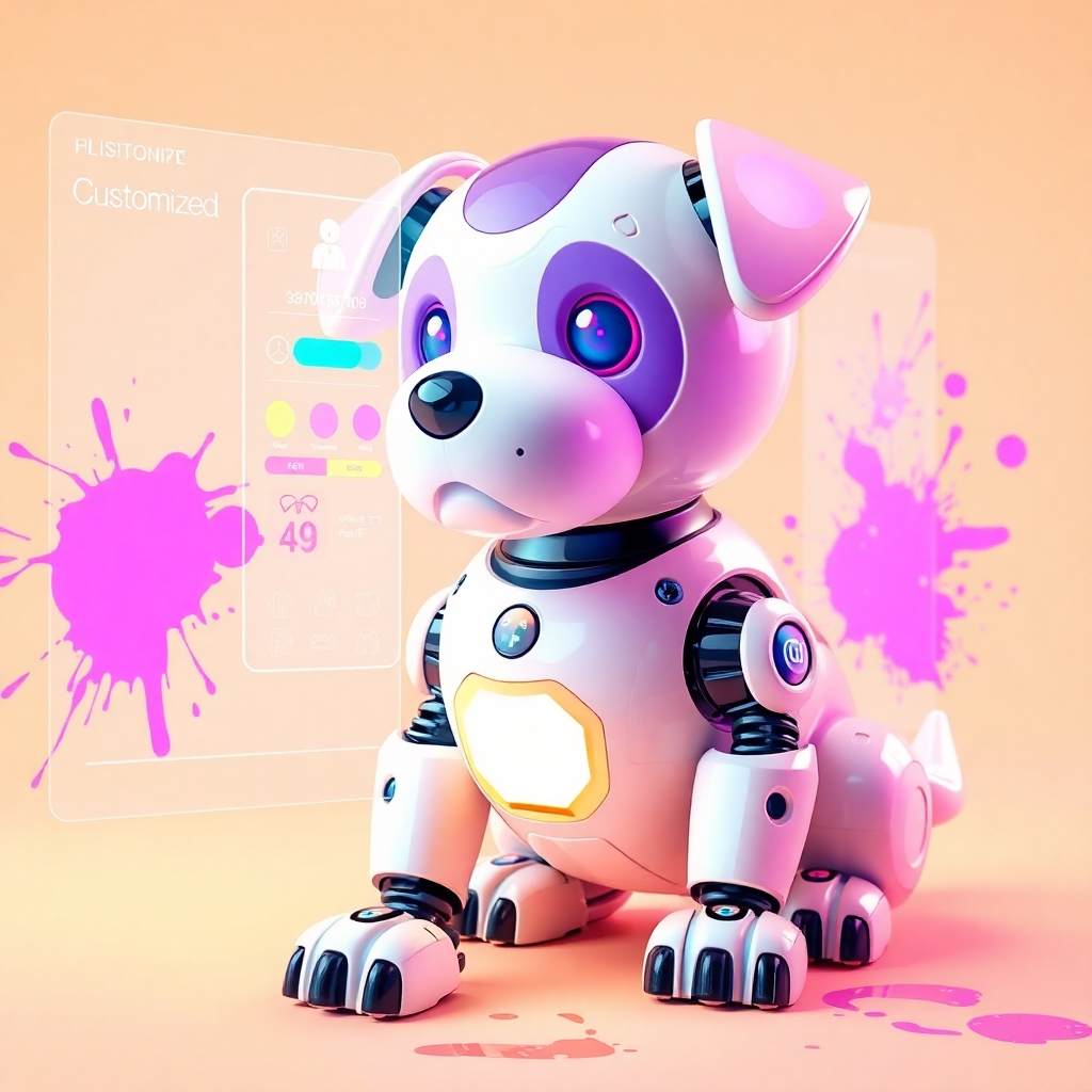 A vibrant, stylized image of a robotic puppy undergoing customization. The image shows various options being selected on a holographic screen, with paint splatters and digital effects suggesting personalization. The color palette is bright and futuristic. Style references: 3D rendering, graphic design, modern UI. Technical specs: 4K resolution, vibrant colors.
