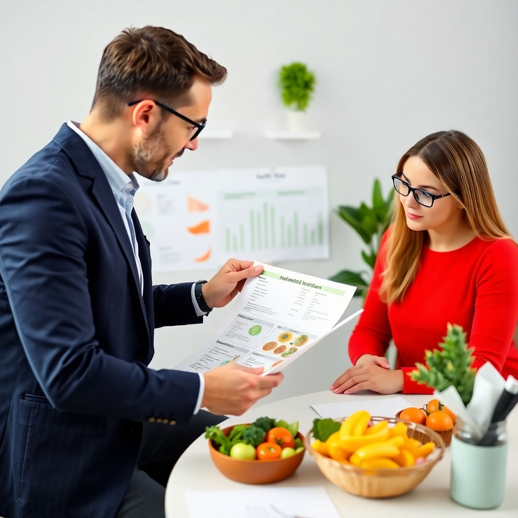 An image of a nutritionist consulting with a client, reviewing a personalized nutrition plan. The atmosphere should be professional and supportive. Showcase healthy food options and informative charts. Camera angle: medium shot, focusing on the interaction between the nutritionist and the client.