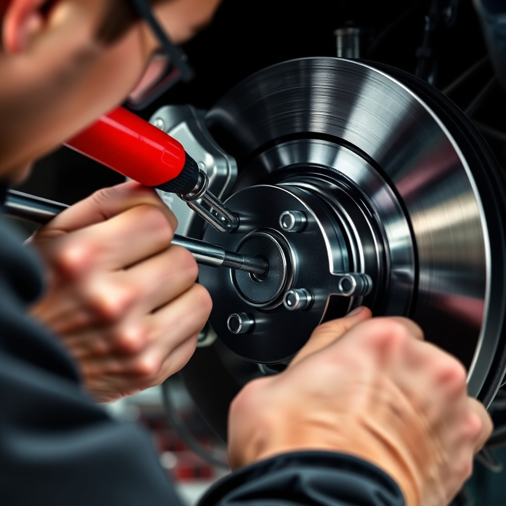 Create a close-up, photorealistic image of a mechanic performing a brake inspection. The scene should focus on the brake rotor, caliper, and pads, with the mechanic using specialized tools. The lighting should be bright and focused on the brake components. The color palette should be metallic and professional, with accents of red and black. Focus on detailed textures and a sense of precision.