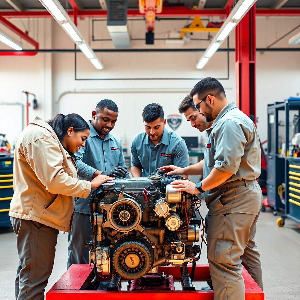 Create a photorealistic 4K image representing RNB TECH INC and its dedication to complete automotive repair. The scene should depict a diverse team of skilled mechanics collaborating on a complex engine repair. The workshop is clean, well-lit, and equipped with state-of-the-art tools and equipment. The mechanics are wearing clean uniforms and display a sense of professionalism and teamwork. The color palette should be warm and inviting, with accents of red, yellow, and blue. The camera angle should be a medium shot, capturing the interaction and collaboration between the mechanics. Textures should be detailed, showcasing the cleanliness of the environment and the expertise of the team. The style should be modern and approachable, conveying a sense of trust and reliability.