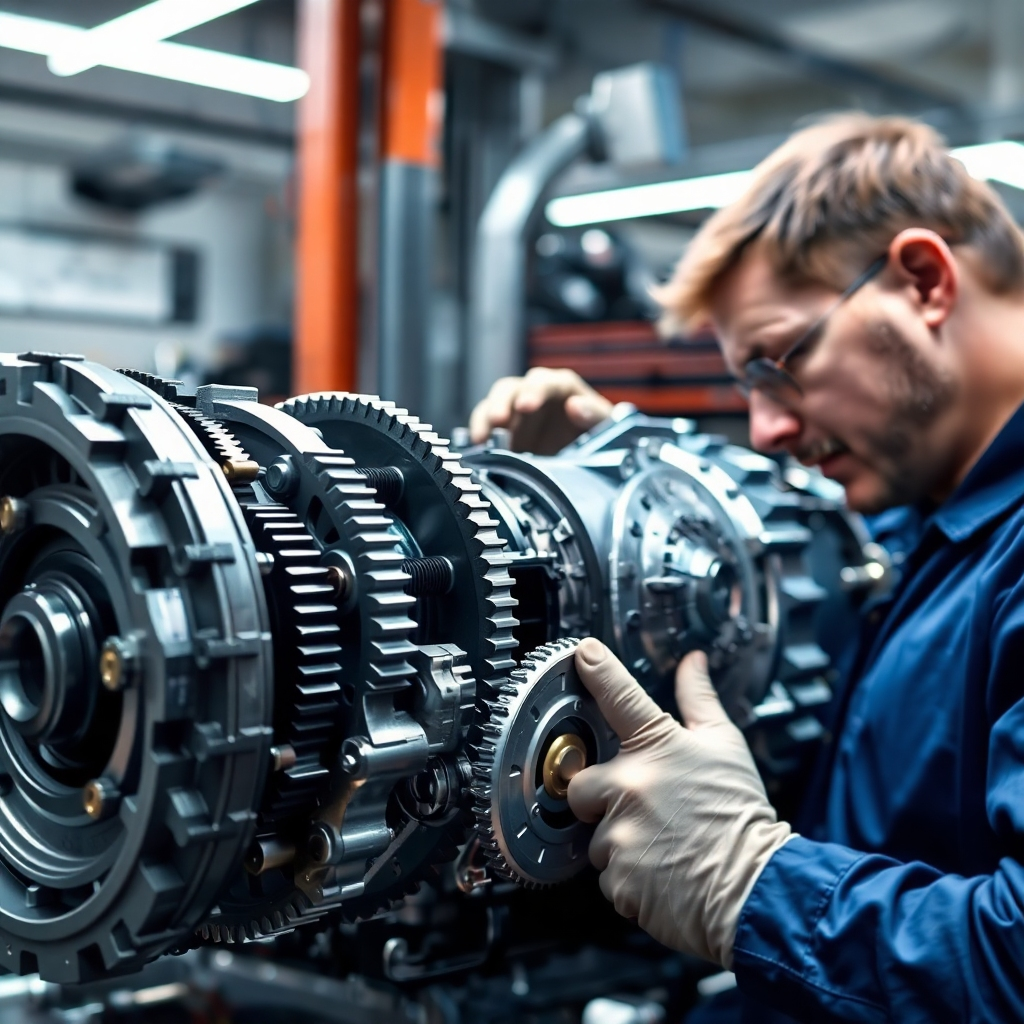 Create a photorealistic image of a mechanic working on a disassembled transmission. The scene should show the intricate gears and components of the transmission. The lighting should be bright and focused on the transmission parts. The color palette should be metallic and technical, with accents of blue and silver. Focus on detailed textures and a sense of complexity.
