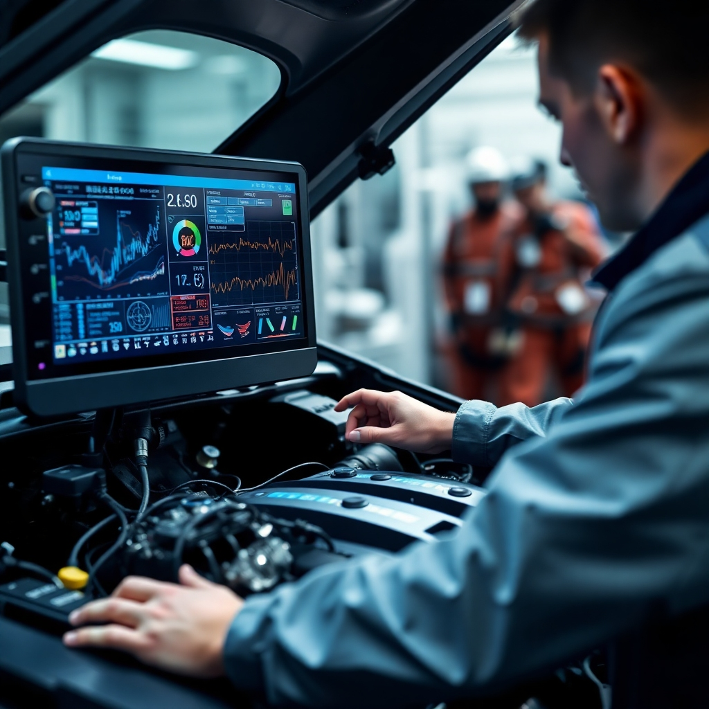 Create a photorealistic image depicting a state-of-the-art engine diagnostic machine connected to a car's engine. The machine should be displaying complex data streams and graphs. A technician should be visible, analyzing the data. The lighting should be bright and focused on the diagnostic equipment and the engine. The color palette should be professional, with blues, grays, and silvers. Focus on sharp textures and technical accuracy.