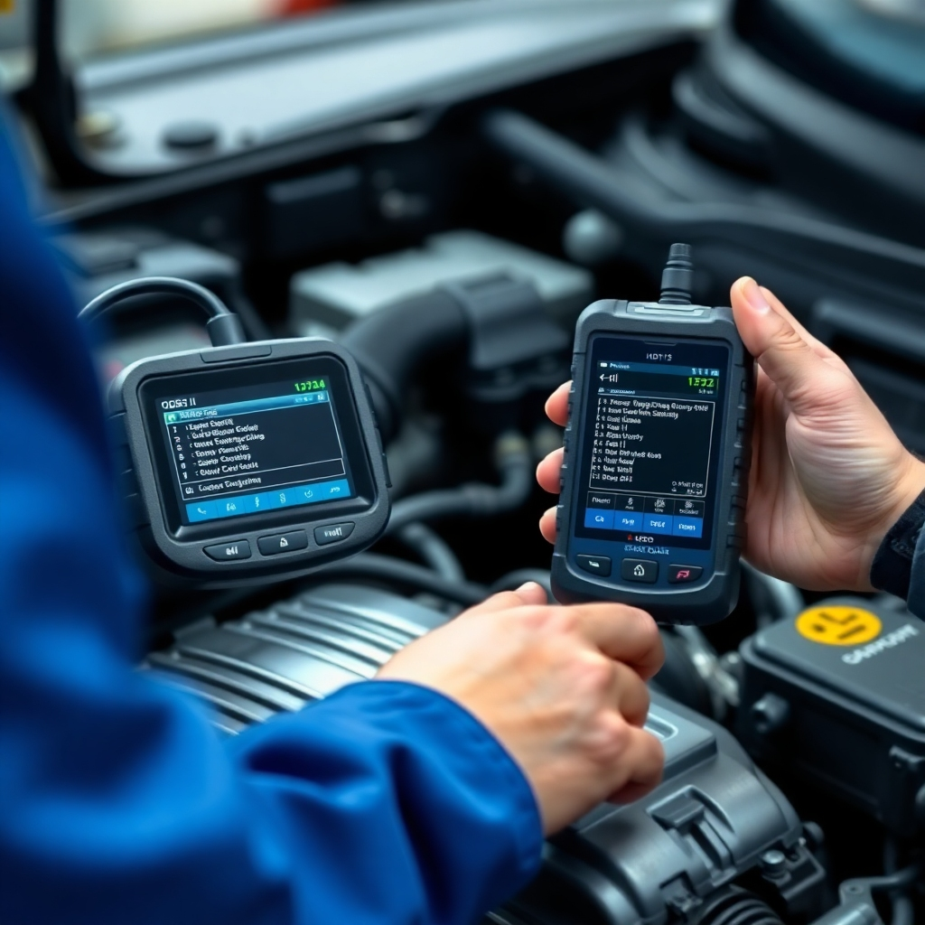 Create a photorealistic image of a mechanic using a diagnostic scanner to check a car's engine. The scene should show the scanner connected to the car's OBD-II port, with data being displayed on the scanner screen. The lighting should be bright and focused on the scanner and the engine. The color palette should be professional, with blues, grays, and silvers. Focus on sharp textures and technical accuracy.