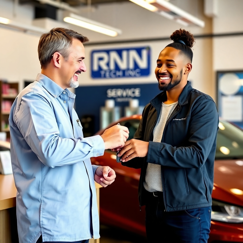 Create a photorealistic image depicting a friendly RNB TECH INC service advisor handing a customer their keys after a successful repair. The customer should be smiling and appear satisfied. The scene should be welcoming and professional, with a clean and organized service counter in the background. The lighting should be warm and inviting. The color palette should be bright and positive. Focus on genuine expressions and a sense of trust.