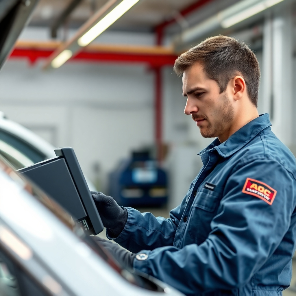 Create a photorealistic image of a certified automotive technician expertly diagnosing a vehicle's complex electrical system. The technician should be using advanced diagnostic equipment, with a focused expression. The car should be in a clean and well-equipped service bay. The lighting should be bright and focused on the technician and the diagnostic equipment. The color palette should be professional, with blues, grays, and silvers. Focus on sharp textures and attention to detail.