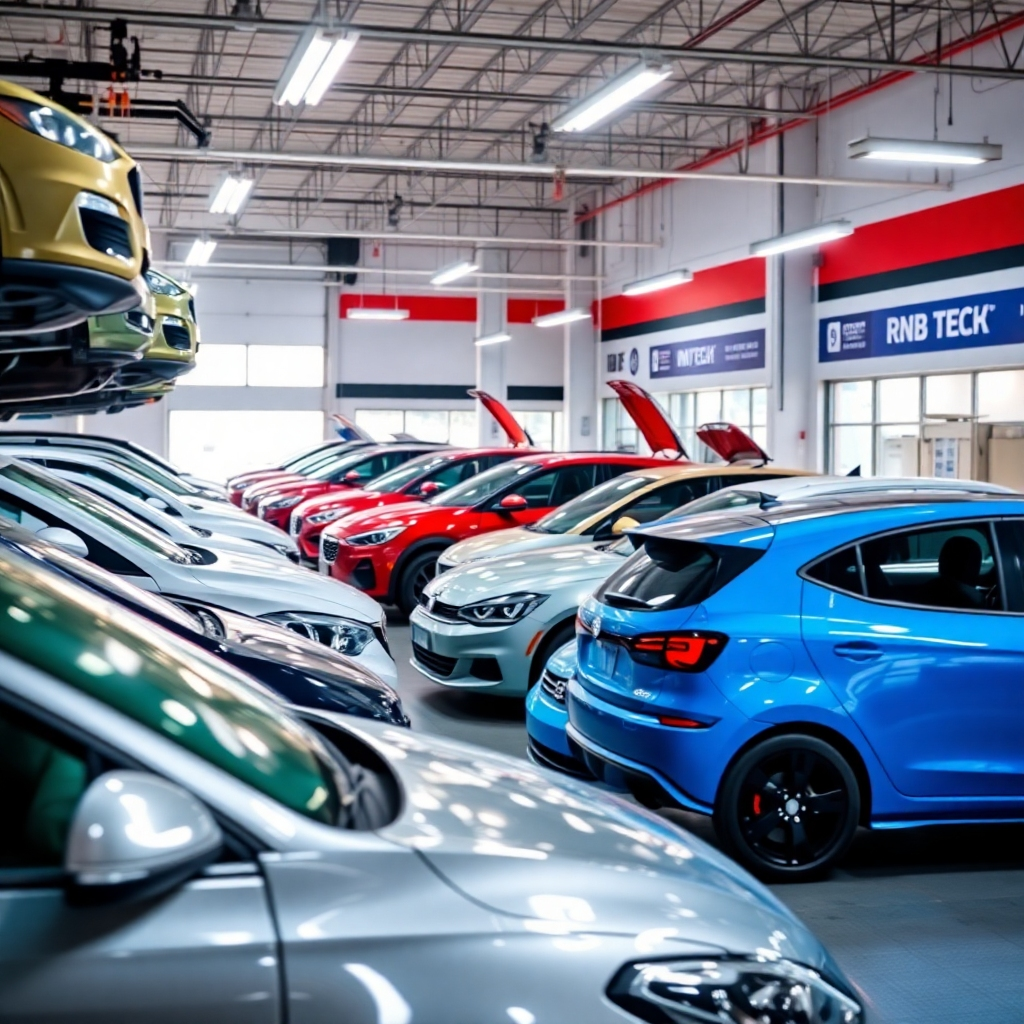 Create a photorealistic image showcasing a diverse array of vehicles in the RNB TECH INC service bay, including both domestic and import models. The vehicles should be clean and well-maintained. The lighting should be bright and even, highlighting the variety of cars. The color palette should be diverse and representative of the different makes and models. Focus on clean textures and a sense of inclusivity.