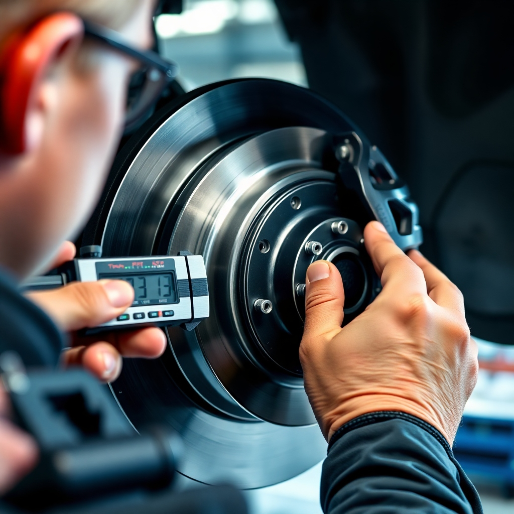 Create a photorealistic image of a mechanic inspecting a car's brakes. The scene should focus on the brake rotor, caliper, and pads. The mechanic should be using specialized tools to measure the brake pad thickness and check for any signs of wear or damage. The lighting should be bright and focused on the brake components. The color palette should be metallic and professional, with accents of red and black. Focus on detailed textures and a sense of precision.