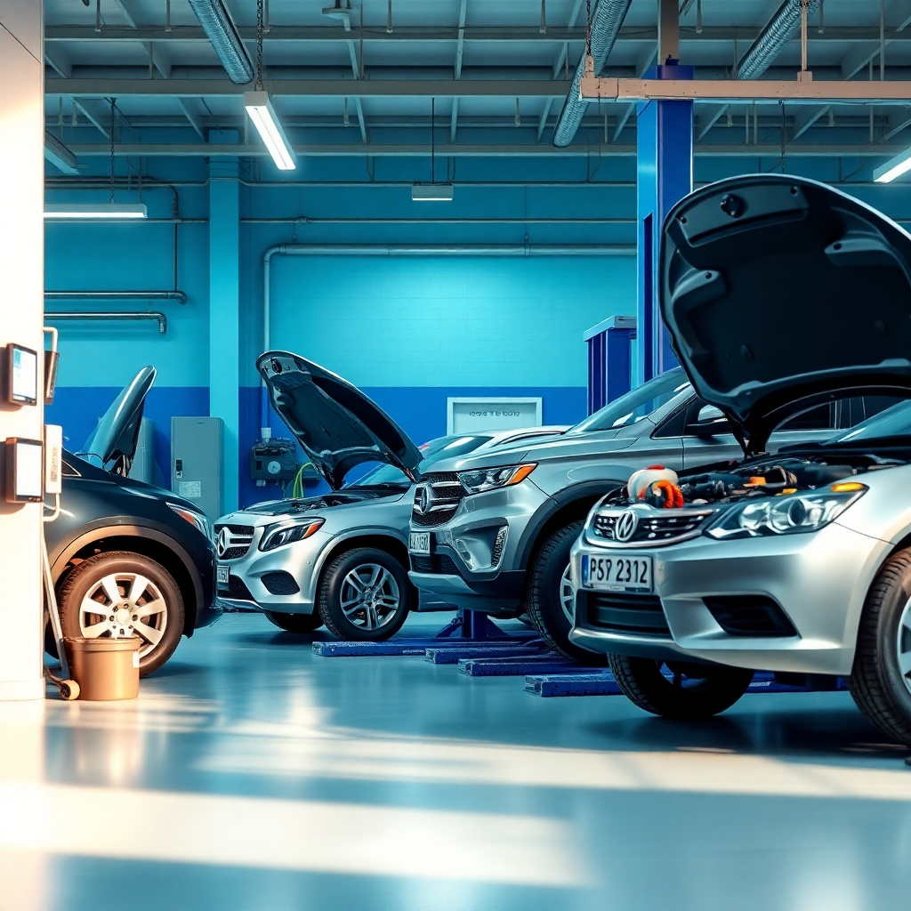 Create a photorealistic image showcasing the variety of services offered at RNB TECH INC. Depict a service bay with multiple vehicles in various stages of repair: one getting an oil change, another having its tires rotated, and a third undergoing engine diagnostics. The scene should be well-lit and organized, with tools and equipment neatly arranged. The color palette should be clean and professional, with accents of blue and silver. The camera angle should be a wide shot, capturing the breadth of services offered. Focus on clean textures and modern equipment.