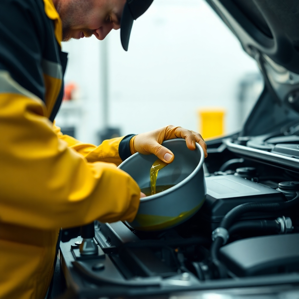 Create a photorealistic image of a mechanic performing an oil change on a car. The scene should show the mechanic draining the old oil from the engine, with proper safety precautions in place. The lighting should be bright and focused on the oil drain pan and the engine. The color palette should be clean and professional, with accents of yellow and black. Focus on detailed textures and a sense of precision.