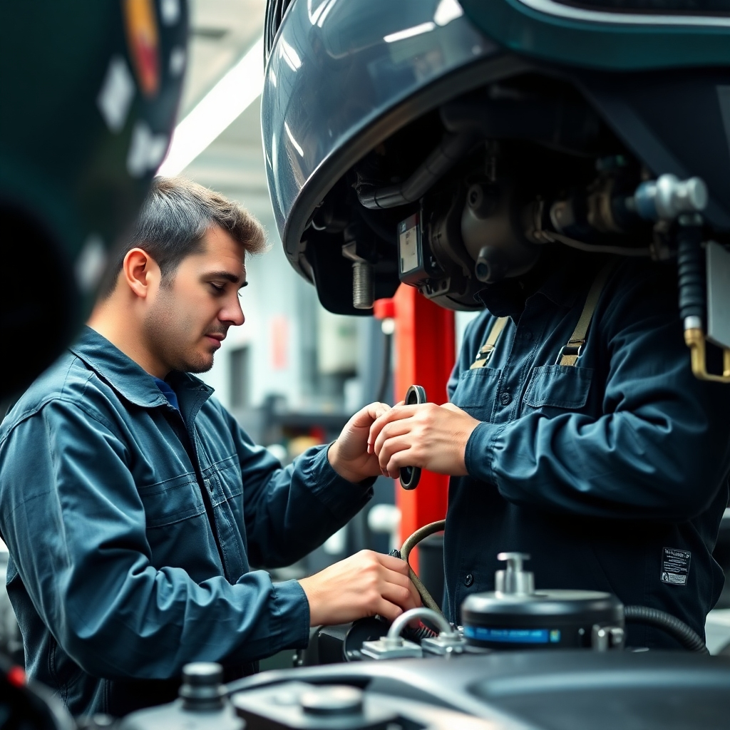 Create a photorealistic image depicting a mechanic performing routine preventative maintenance on a vehicle, such as checking fluid levels or inspecting belts and hoses. The scene should be clean and organized, with the mechanic using proper tools and equipment. The lighting should be bright and focused on the maintenance tasks. The color palette should be professional and reassuring, with greens and blues. Focus on detailed textures and a sense of care.